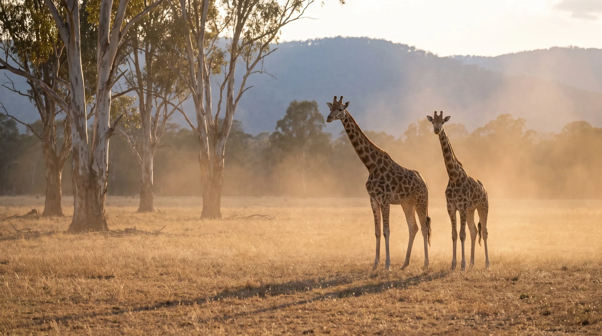 Two giraffes in an open Australian paddock at golden hour