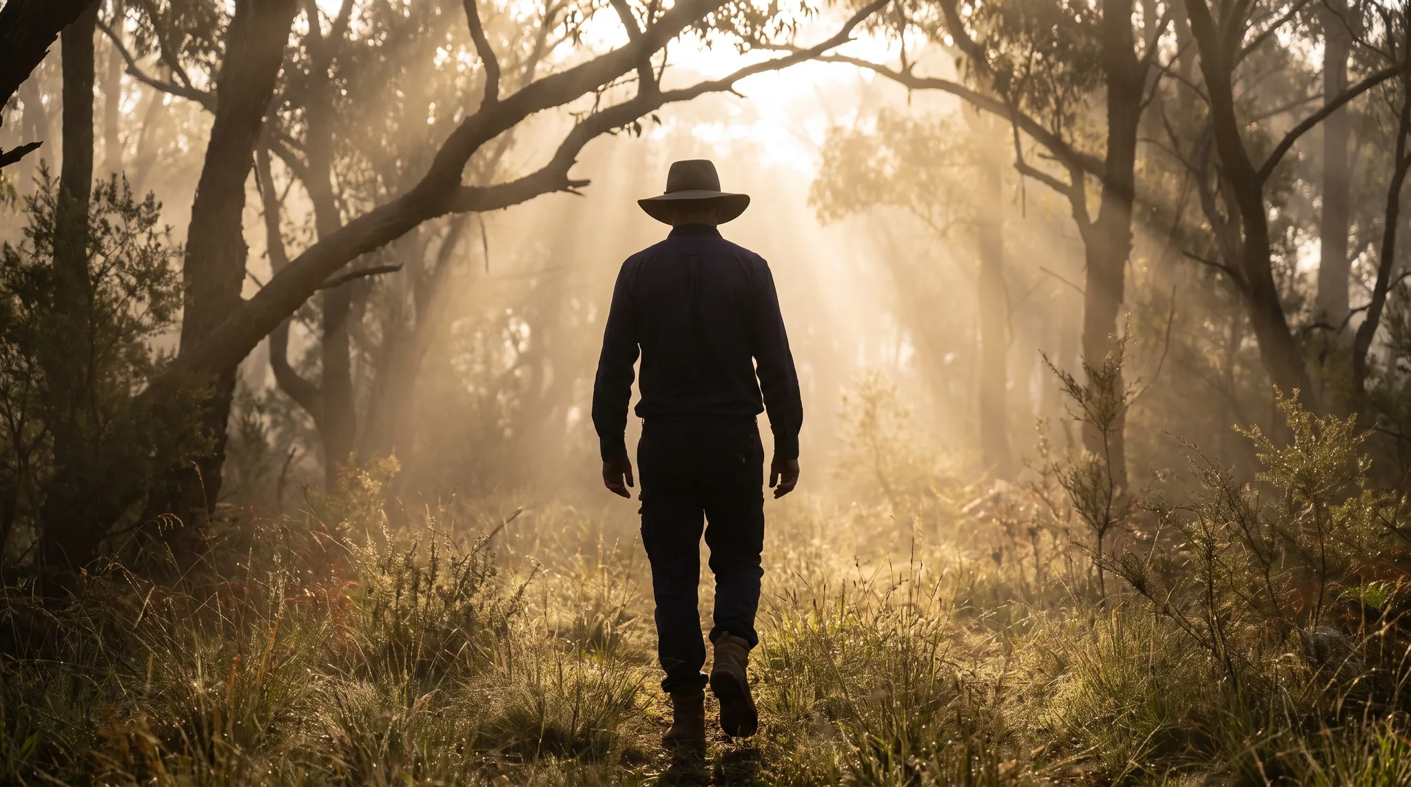 A wildlife keeper walking through misty bushland at dawn